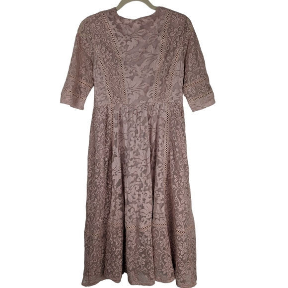 Brass & Roe Blush Pink Lace Midi Dress M Romantic Cottagecore Spring Wedding - Picture 10 of 13